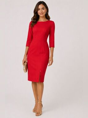 BLACK HALO Red 3/4 Sleeve Sheath Dress Sz 6 Front Zip Slit Career Cocktail